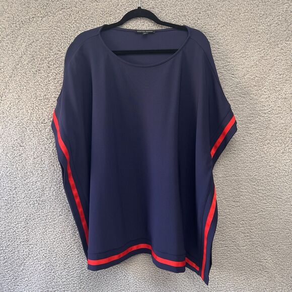 Boston Proper Womens Poncho Batwing Sleeves Tunic Blouse Navy Blue red M Medium - Picture 1 of 11